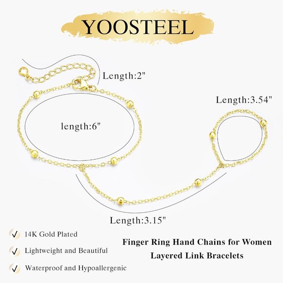 Dainty 14K Gold Plated Hand Chain Lip Hand Bracelet Women Layered Ring Jewelry - Picture 6 of 7